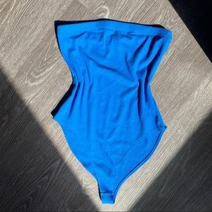 Blue Ribbed Strapless Bodysuit